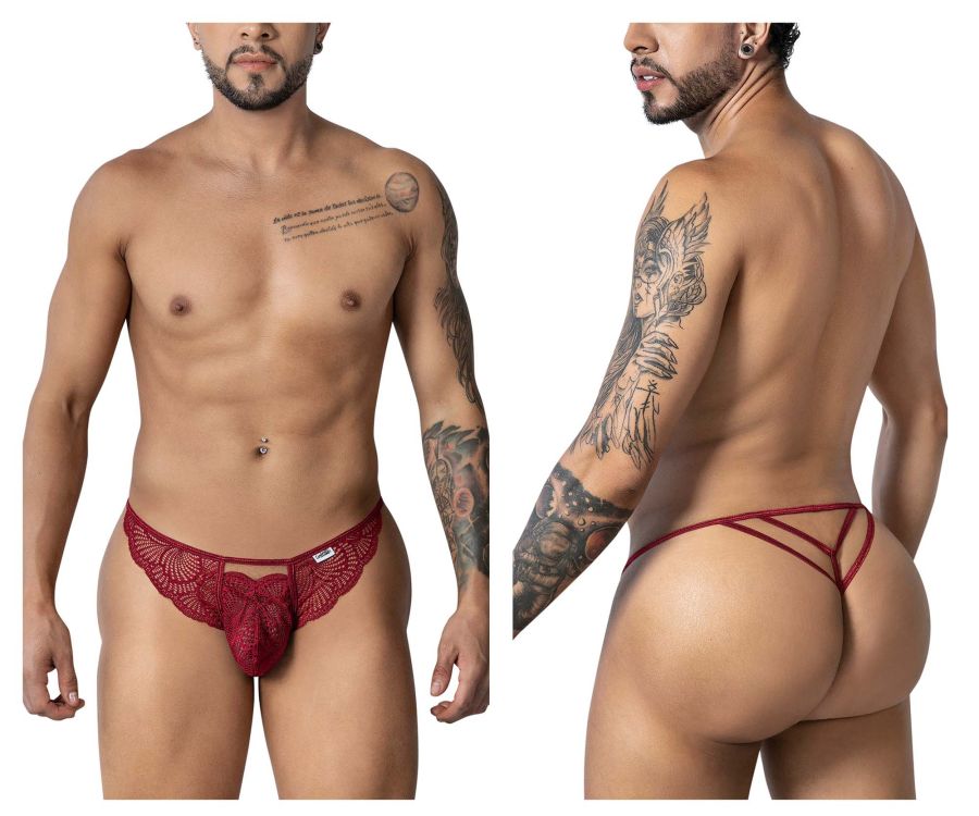 Burgundy candyMan 99910 lace thong with decorative bow at front in red lace material for intimate wear