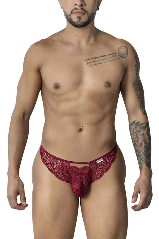Burgundy CandyMan 99910 lace thong with central bow design made from delicate lace fabric for stylish comfort