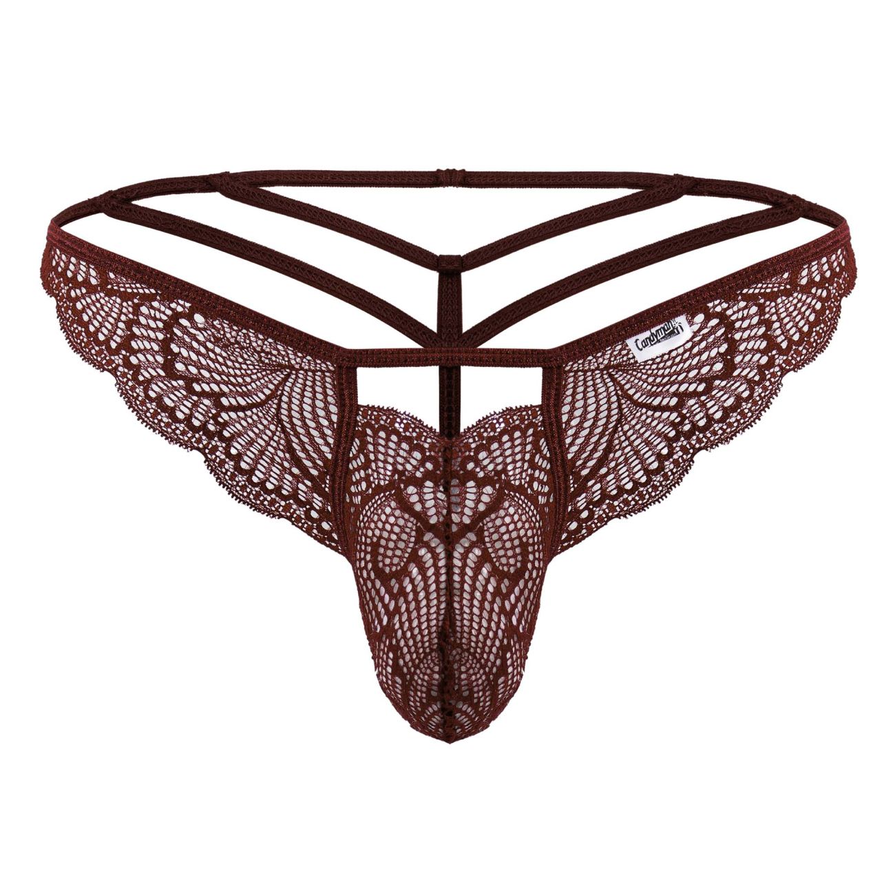 Brown lace thong candyMan 99910 in burgundy with intricate pattern and three-strapped back design shown from back