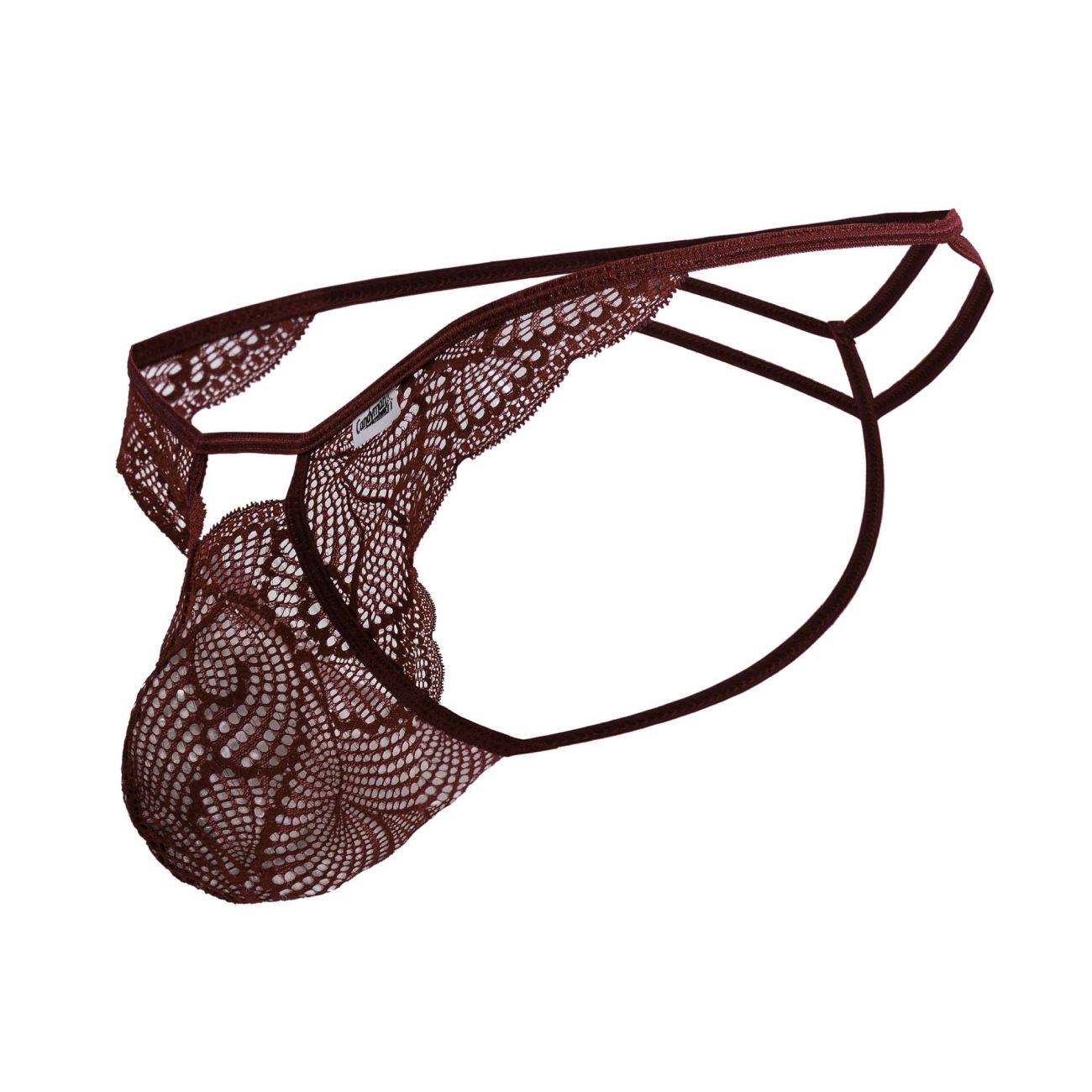 A dark burgundy lace thong with intricate pattern and supportive elastic straps from candyman 99910 lace thongs collection