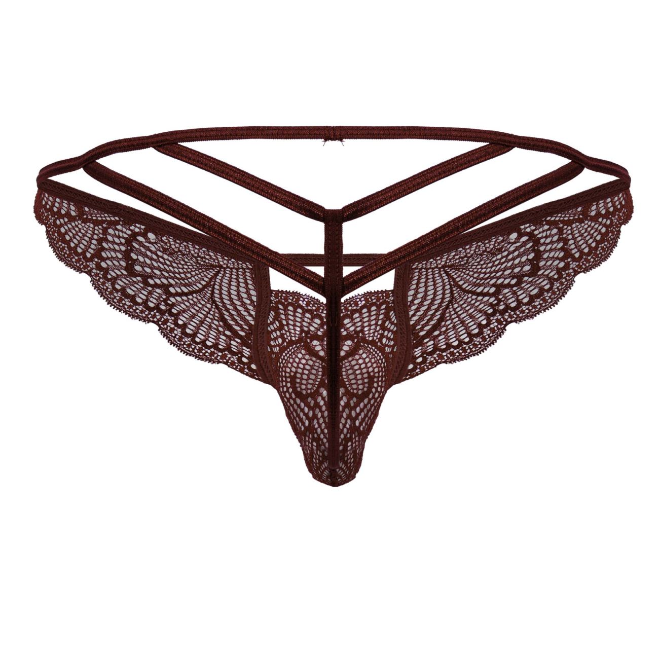 Burgundy dark brown lace thong candyMan 99910 with intricate butterfly wing patterns and triangular strappy design