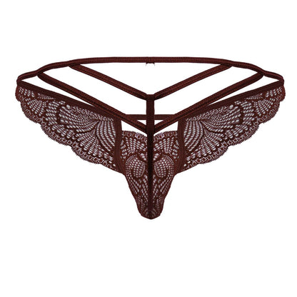 Burgundy dark brown lace thong candyMan 99910 with intricate butterfly wing patterns and triangular strappy design