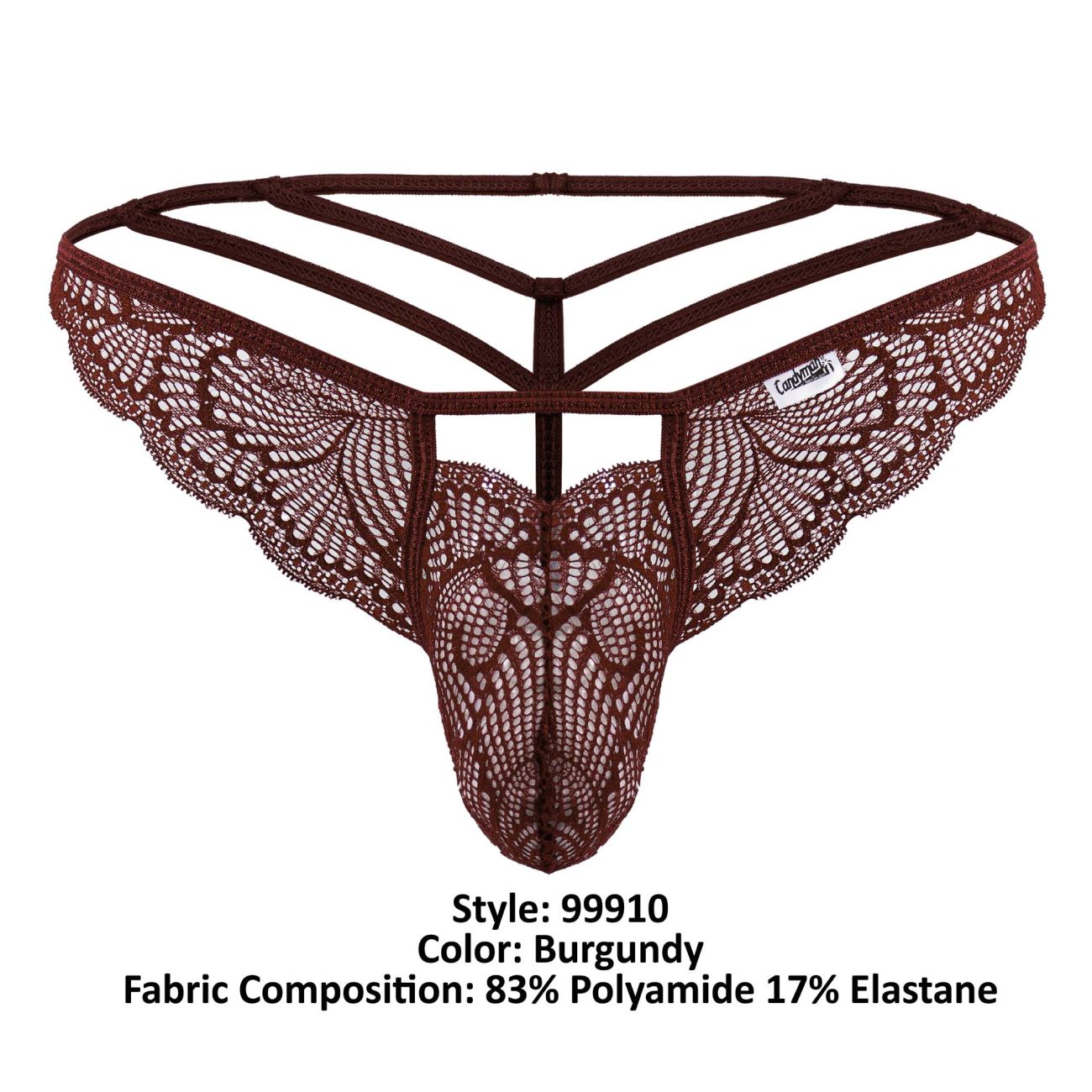 Burgundy candy man 99910 lace thong with intricate butterfly pattern and multi-strapped supportive backband shown from back