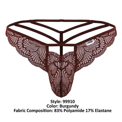 Burgundy candy man 99910 lace thong with intricate butterfly pattern and multi-strapped supportive backband shown from back