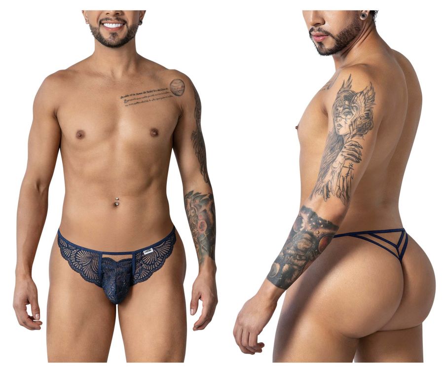 CandyMan 99910 lace thong in navy blue with intricate floral patterns and a supportive contoured design