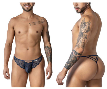 CandyMan 99910 lace thong in navy blue with intricate floral patterns and a supportive contoured design
