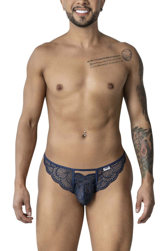 Navy blue lace thong candyMan 99910 with intricate floral patterns and small brand tag on waistband