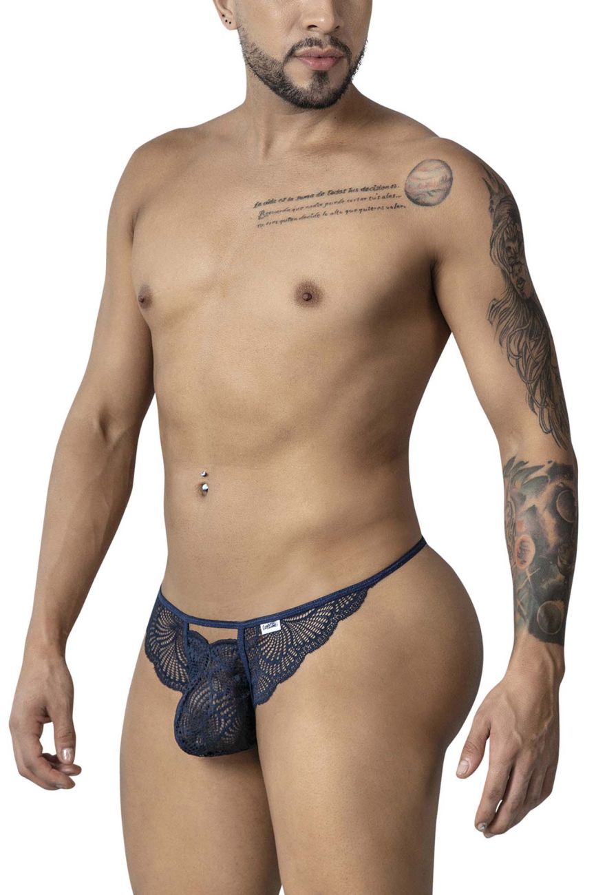 CandyMan 99910 navy lace thong with intricate floral pattern and central pouch design in delicate lace fabric