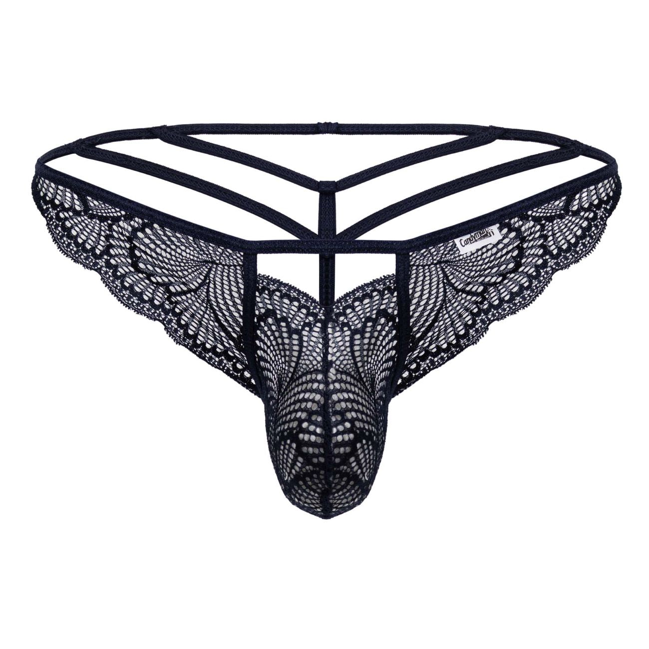 Navy CandyMan 99910 lace thong with intricate butterfly wing patterns and a supportive strappy design front view