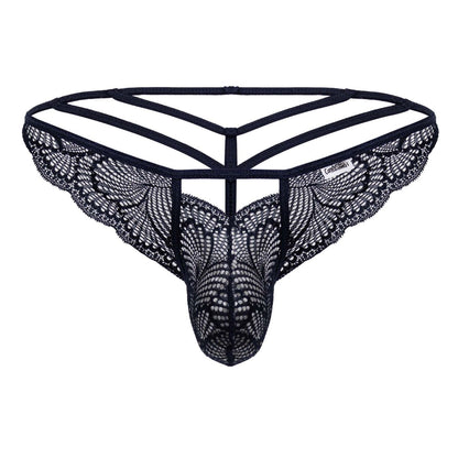 Navy CandyMan 99910 lace thong with intricate butterfly wing patterns and a supportive strappy design front view