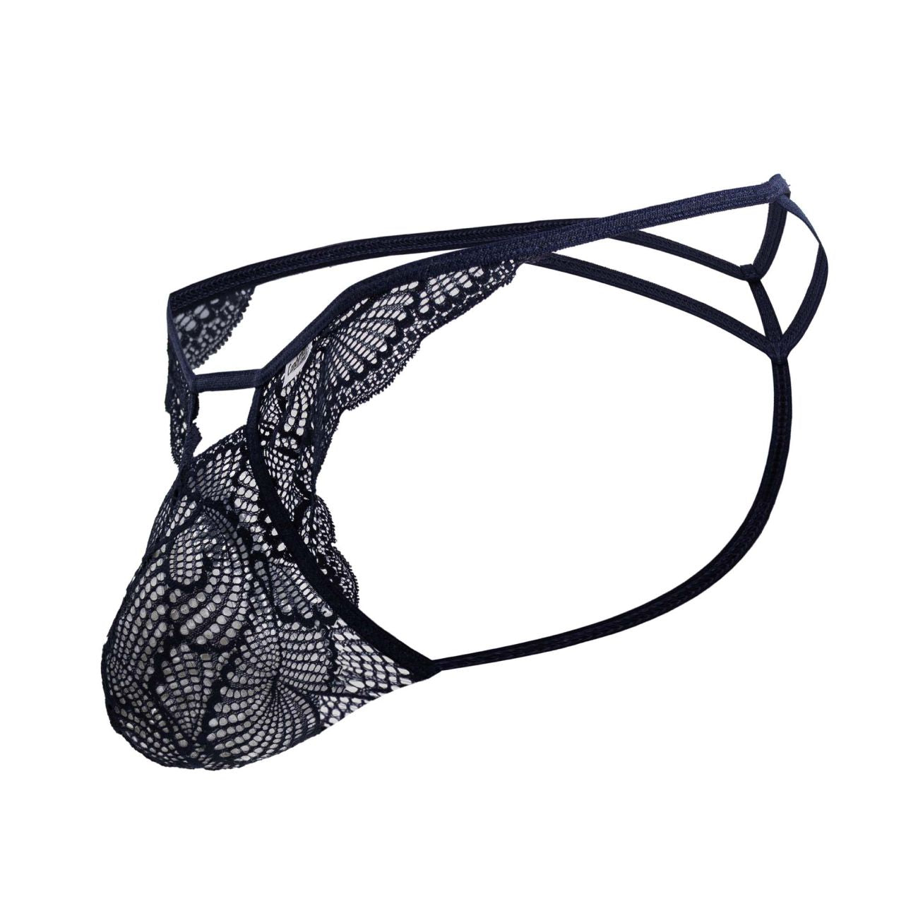 Navy black lace thong candyman 99910 with intricate floral patterns and a supportive multi-strapped design