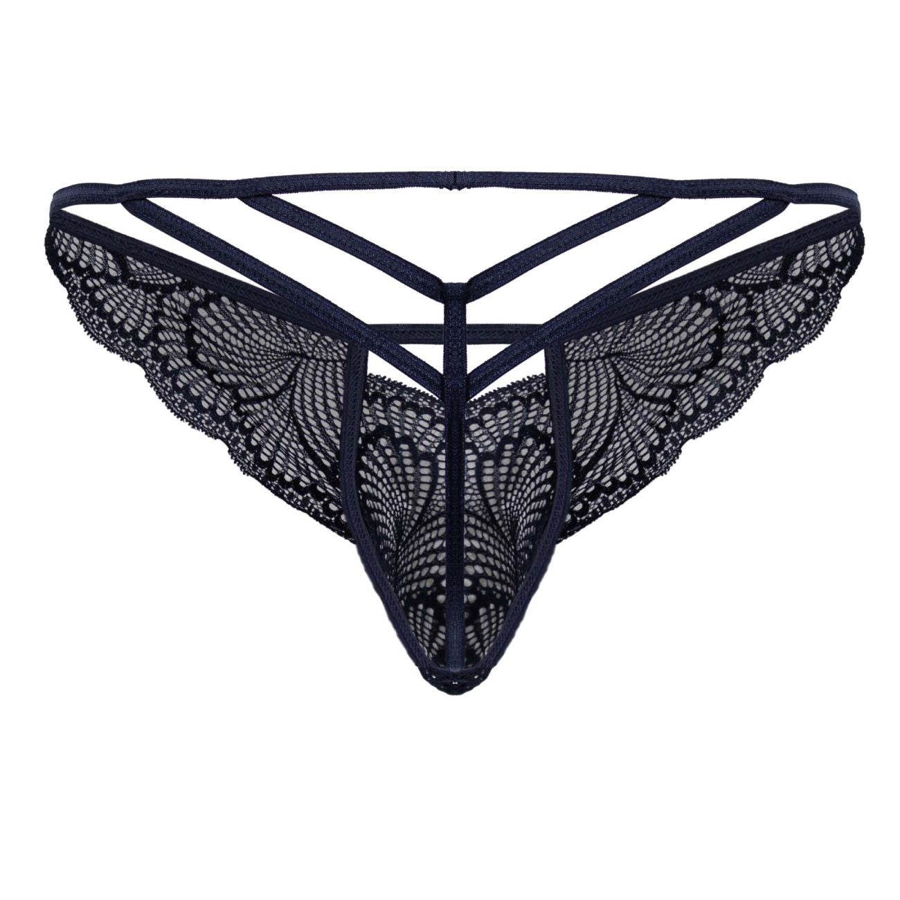 CandyMan 99910 navy lace thong with intricate butterfly wing patterns and crisscross back design shown from back