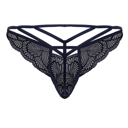 CandyMan 99910 navy lace thong with intricate butterfly wing patterns and crisscross back design shown from back