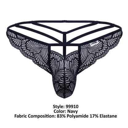 Navy lace thong candyMan 99910 featuring intricate butterfly-patterned mesh and a supportive strappy backband view from back