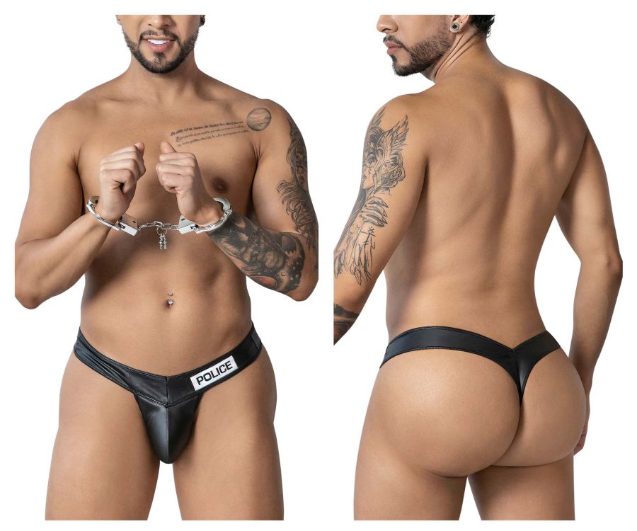 Black leather-like police thong with white police label on waistband from candyman 99912 collection
