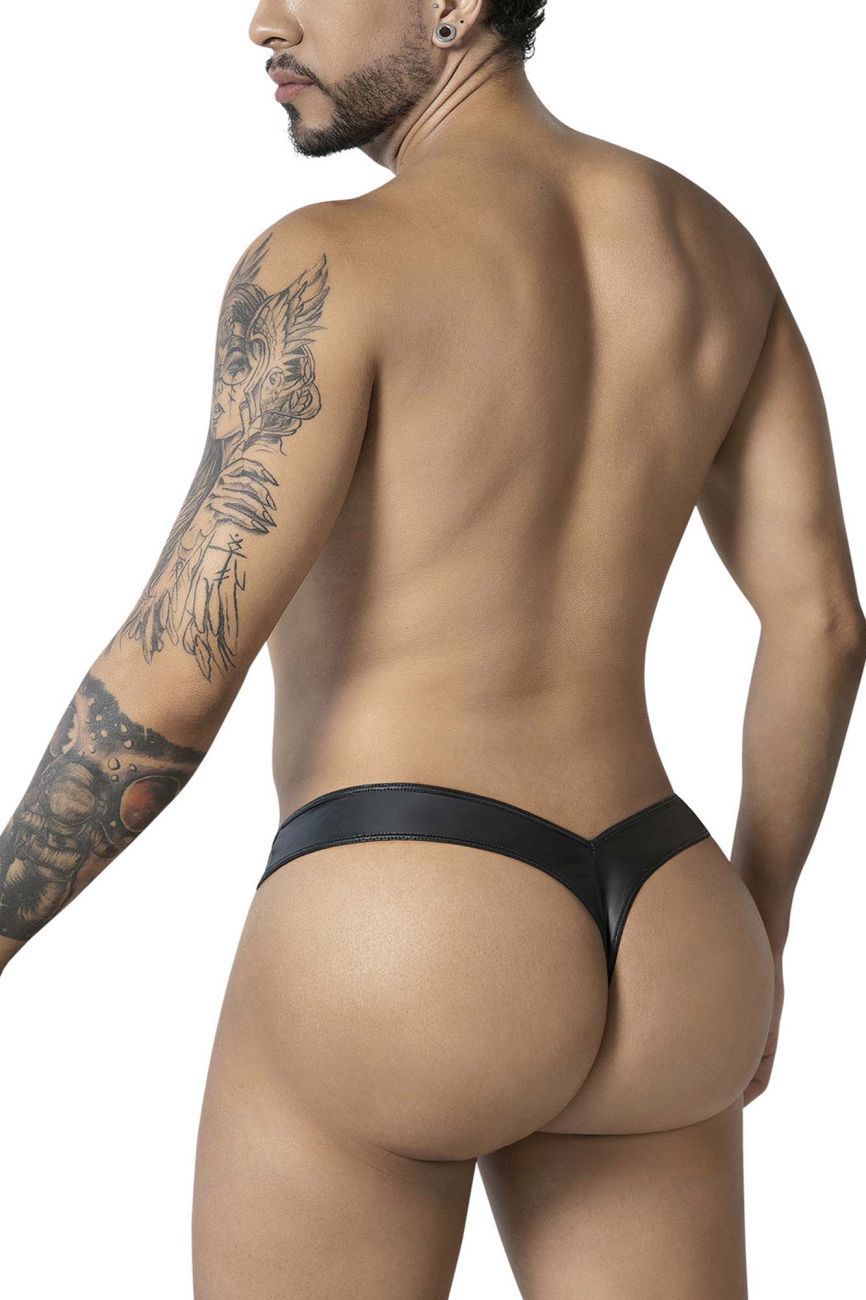 CandyMan 99912 police thong in black leather with a sleek minimalist design shown from the back side
