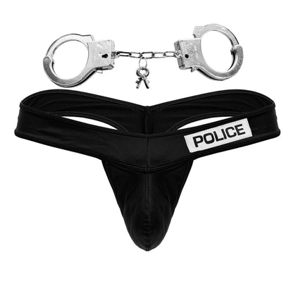 Black satin CandyMan 99912 police thong with police patch and silver handcuffs attached by chain