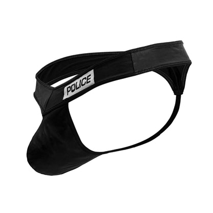 Black faux leather thong with white police patch on waistband from candyman 99912 police thongs collection