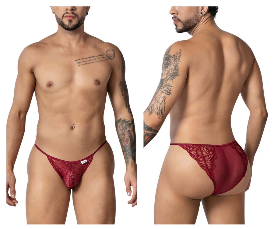 Burgundy candyman 99914 lace briefs featuring a red lace thong with sheer mesh back and intricate floral pattern