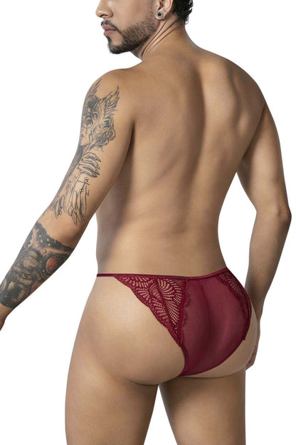 A maroon burgundy lace brief with sheer mesh back and intricate floral embroidery from Candyman 99914 collection