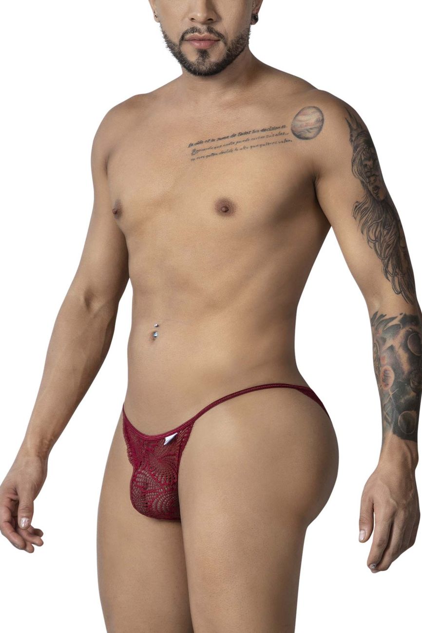 CandyMan 99914 lace briefs in burgundy feature a red lace thong with sheer intricate pattern and small metallic accent