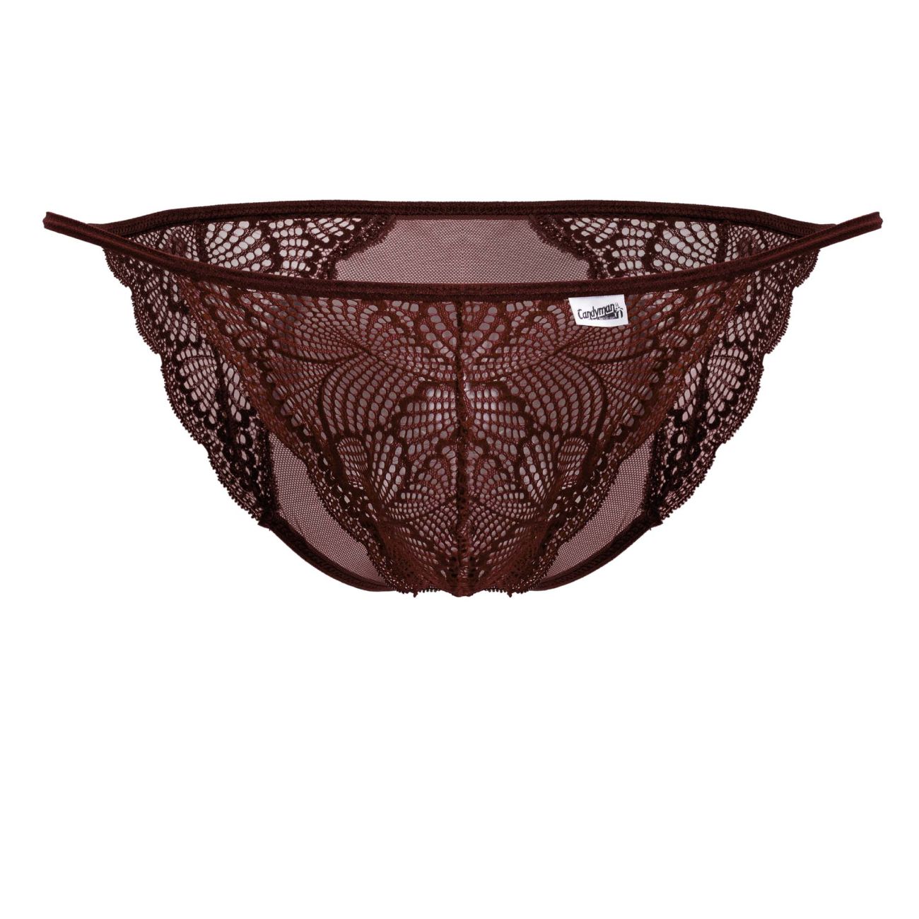 A burgundy CandyMan 99914 lace brief with dark brown floral patterns and mesh backing visible from the back side