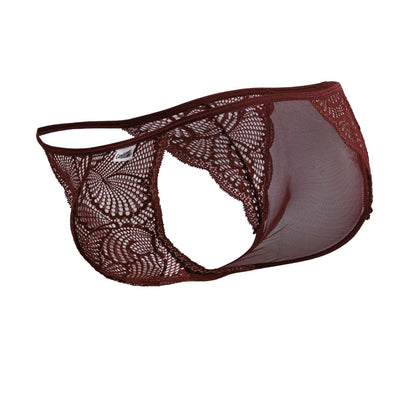CandyMan 99914 lace briefs in burgundy featuring a maroon lace thong with intricate circular patterns and sheer mesh panel