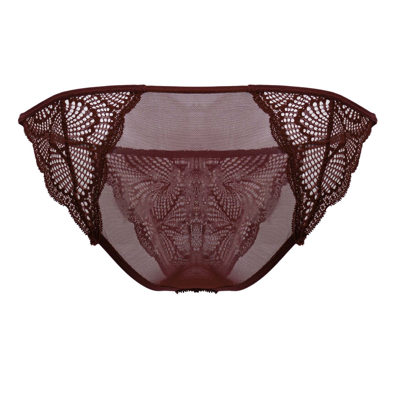 CandyMan 99914 lace briefs in burgundy featuring maroon lace with floral patterns and a sheer mesh center