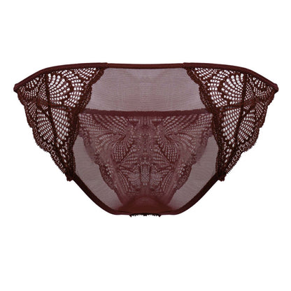 CandyMan 99914 lace briefs in burgundy featuring maroon lace with floral patterns and a sheer mesh center
