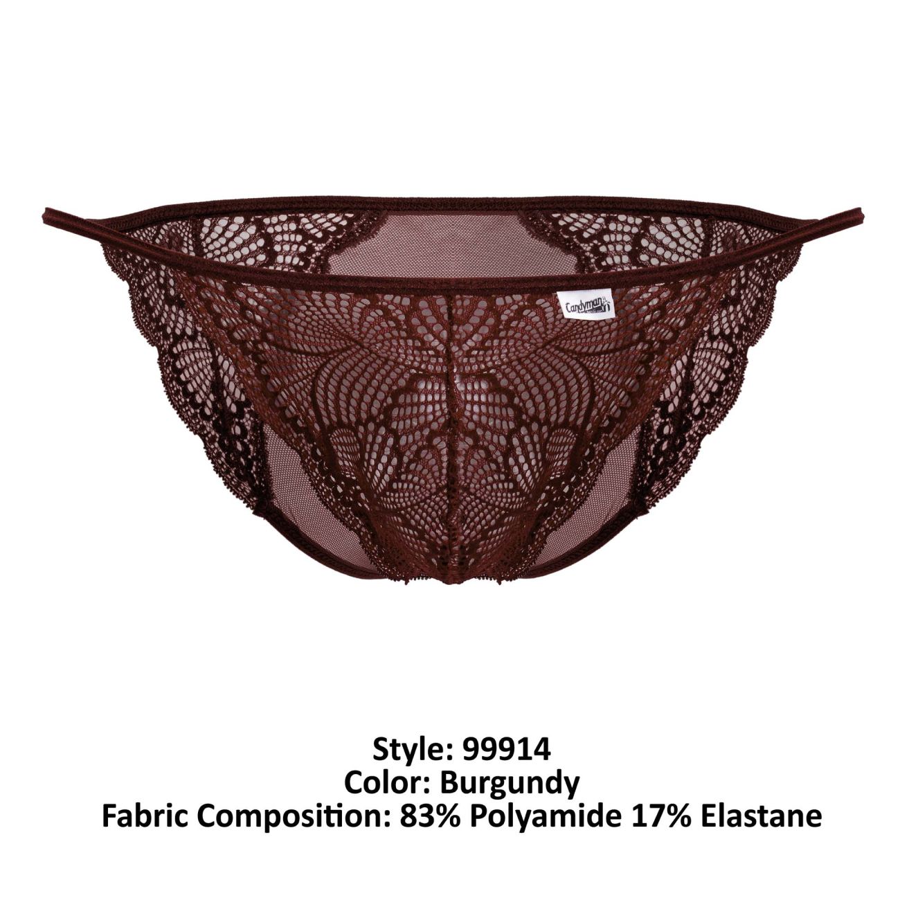 Burgundy lace thong with intricate floral patterns and mesh backing from candyman 99914 lace briefs collection