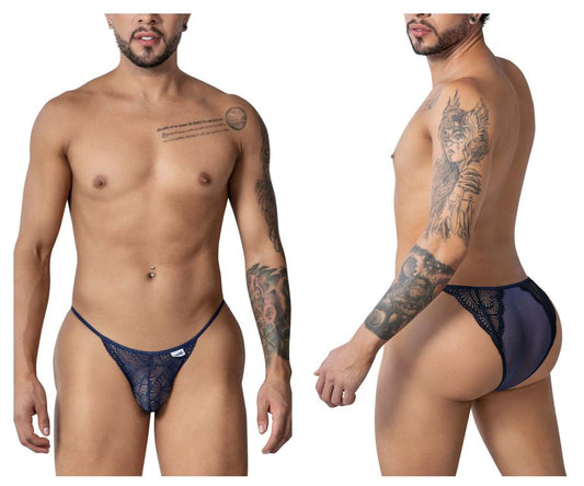 Navy blue lace thong brief candyMan 99914 with subtle pattern and small white logo on the front