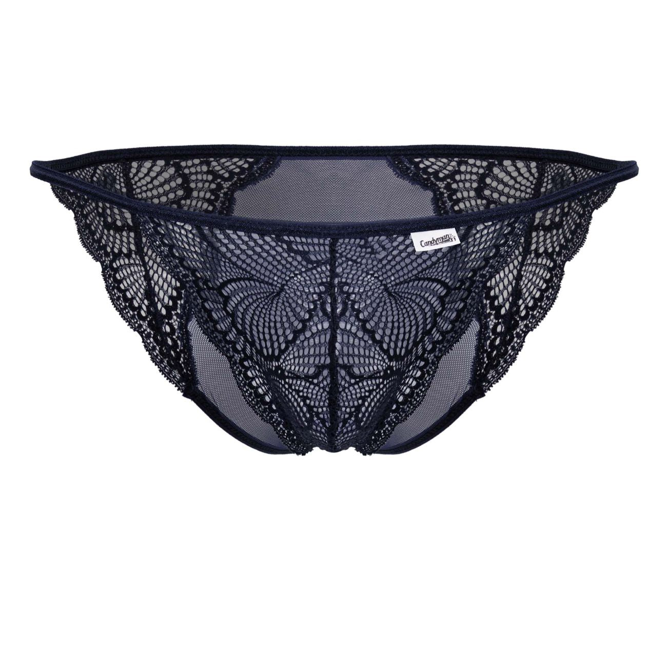 CandyMan 99914 navy lace briefs with black butterfly mesh thong design and branded label visible on front