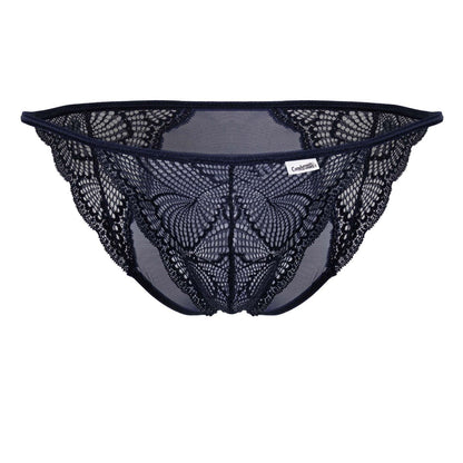 CandyMan 99914 navy lace briefs with black butterfly mesh thong design and branded label visible on front