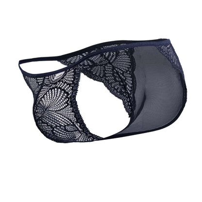 CandyMan 99914 lace briefs in navy with sheer mesh panel and delicate floral lace pattern in black lace thong style