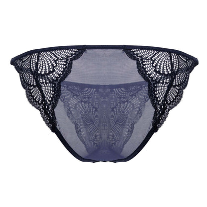 Navy candyman 99914 lace briefs with black lace-trimmed mesh and intricate floral patterns front view