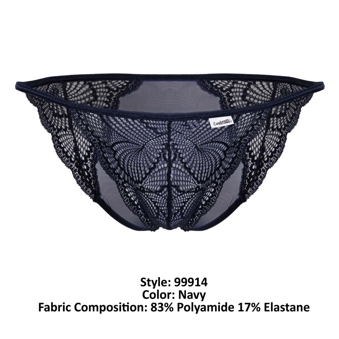 Navy lace thong candyMan 99914 with intricate butterfly pattern and mesh detailing showing front side