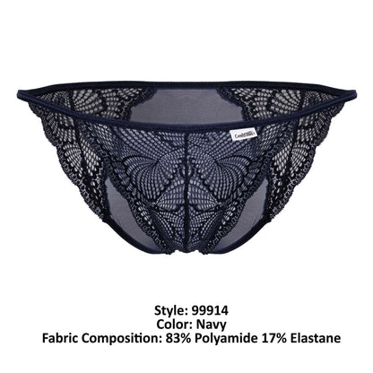 Navy lace thong candyMan 99914 with intricate butterfly pattern and mesh detailing showing front side