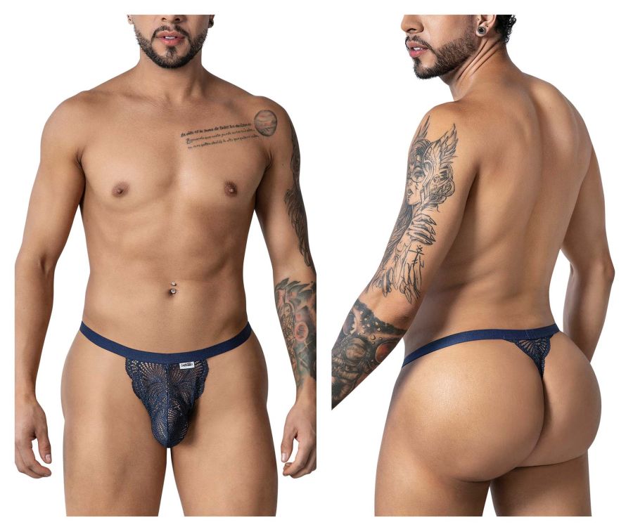 Navy blue lace thong with subtle pattern and branded waistband tag from candyman 99915 lace thongs collection