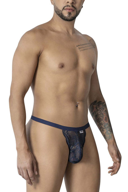Navy candy man 99915 lace thong with mesh body and solid waistband, front view