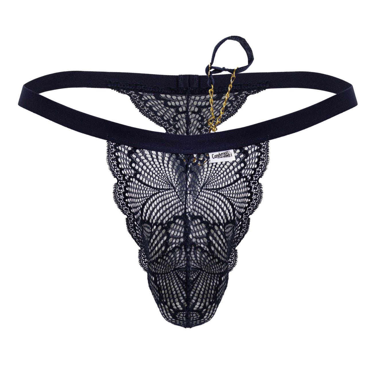 Navy candyMan 99915 lace thong with black butterfly pattern and gold chain detail in front view