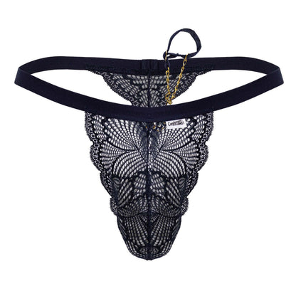 Navy candyMan 99915 lace thong with black butterfly pattern and gold chain detail in front view