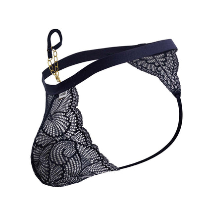 Navy candy man 99915 lace thong with gold chain accent and elastic waistband shown from the back side