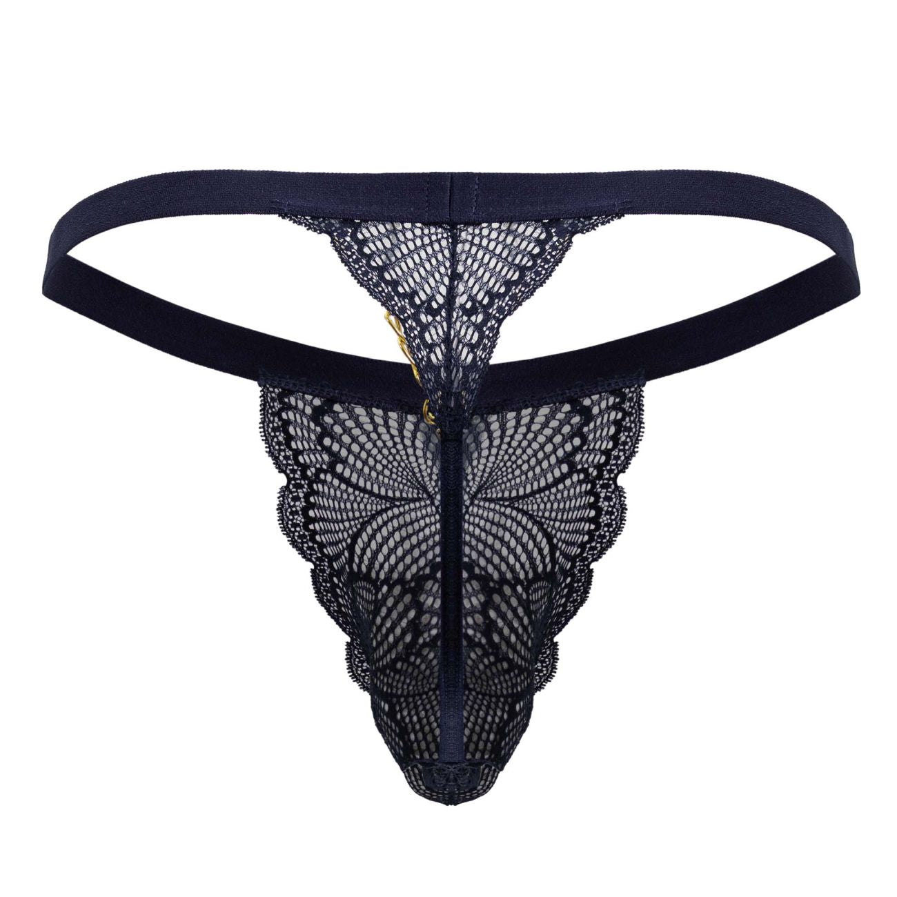 Navy candyMan 99915 lace thong with scalloped edges and central zipper front detail in delicate lace fabric