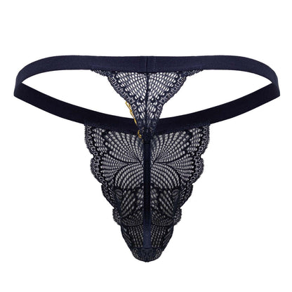 Navy candyMan 99915 lace thong with scalloped edges and central zipper front detail in delicate lace fabric