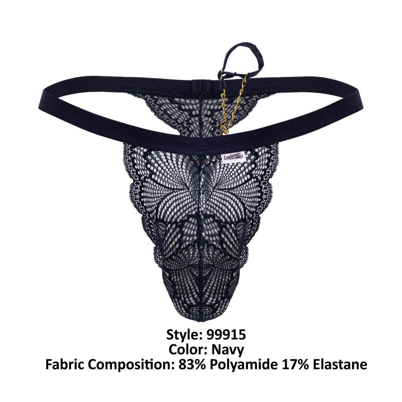 Back view of candyman 99915 navy lace thong featuring delicate butterfly pattern and gold chain accent