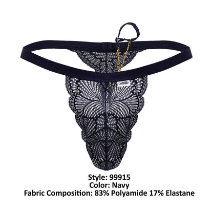 Back view of candyman 99915 navy lace thong featuring delicate butterfly pattern and gold chain accent