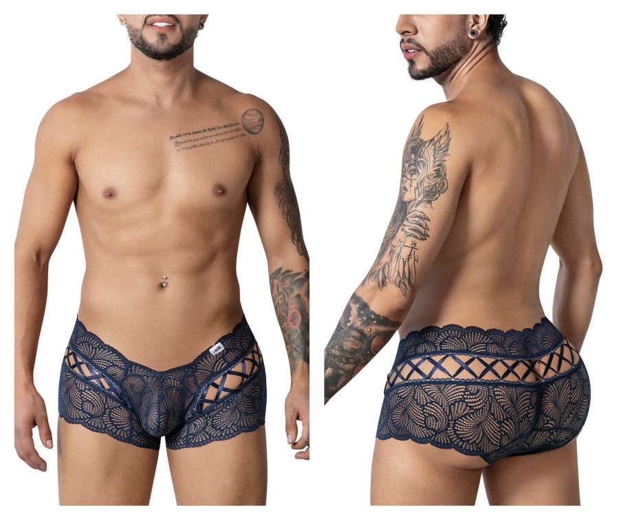 Navy blue CandyMan 99916 lace trunks with intricate floral patterns and a crisscross design for men