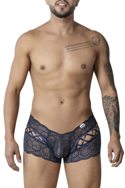 CandyMan 99916 lace trunks in navy featuring dark blue lace with intricate pattern and cutout design