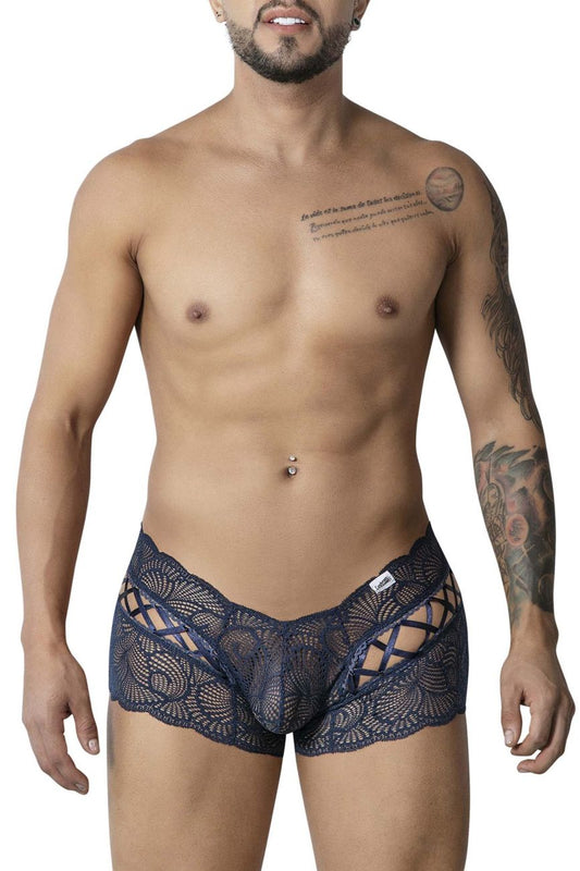 CandyMan 99916 lace trunks in navy featuring dark blue lace with intricate pattern and cutout design