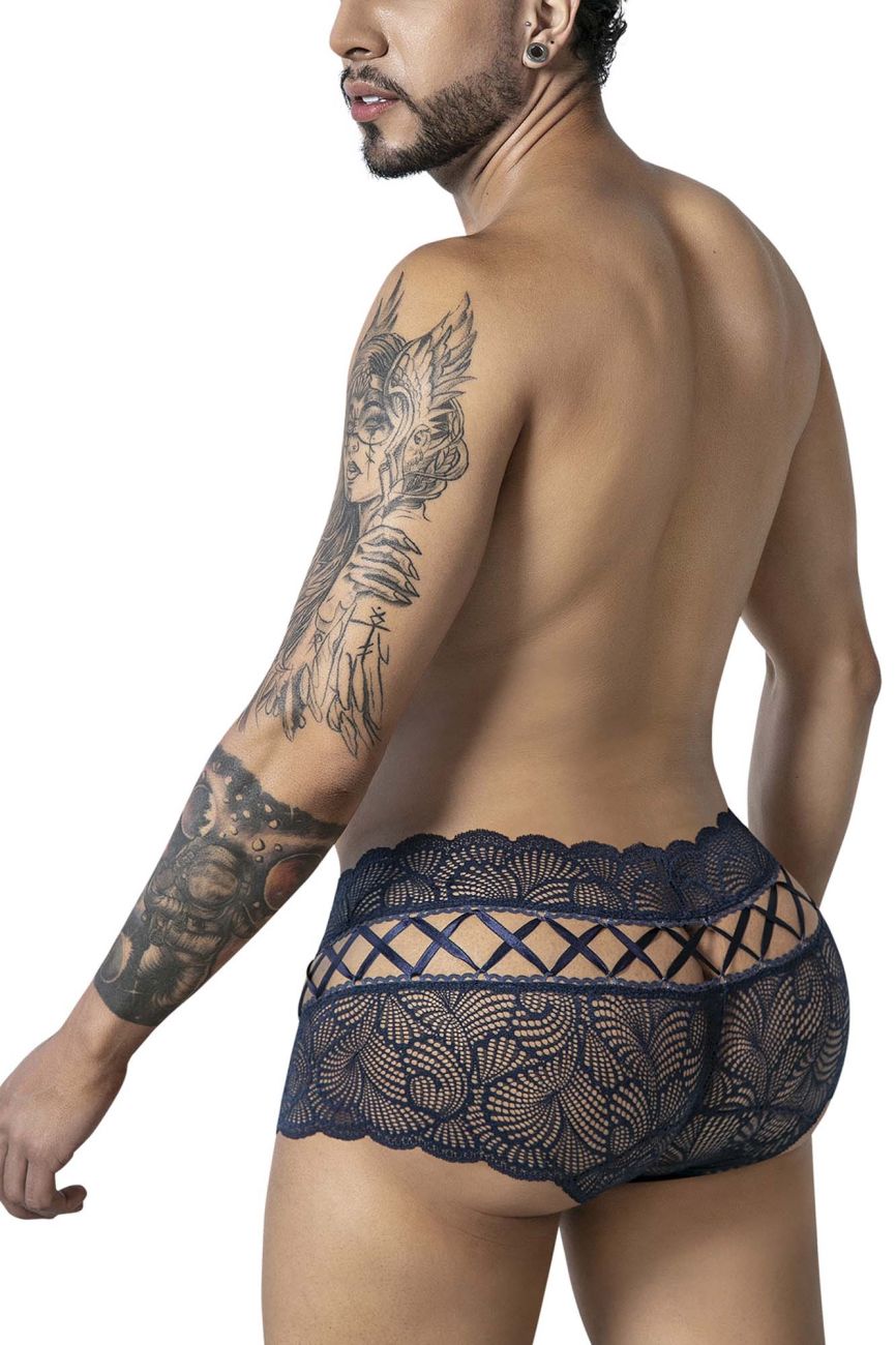CandyMan 99916 lace trunks in navy blue featuring dark floral lace and a crisscross design